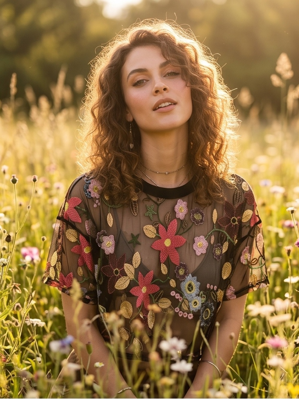 Black Embroidered Floral Mesh Top Size Large Romantic Boho Cottagecore